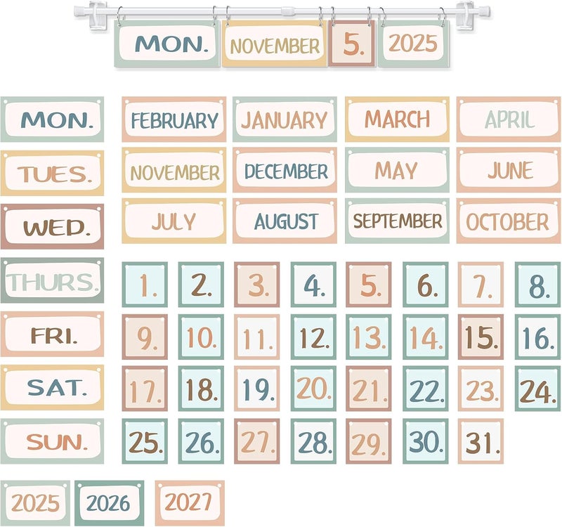 Chiisong Boho Classroom Flip Calendar Classroom Bulletin Board Calendar Chart Set with 53 Date Cards and Hanging Adjustable Rod for Back to School Decor Supplies Teacher Preschool Must Haves - Image 1
